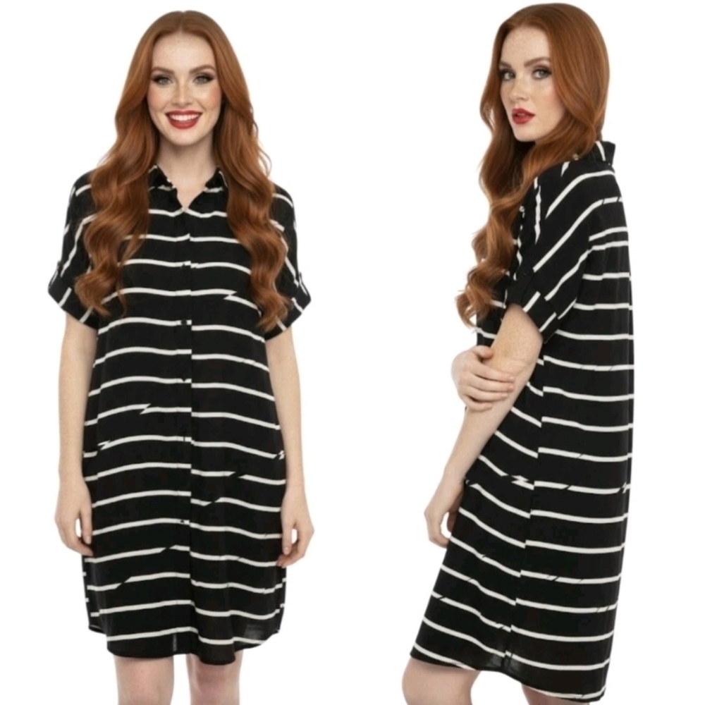Madewell Shirt Dress Small Courier Break Stripe Black White Pockets Button Down